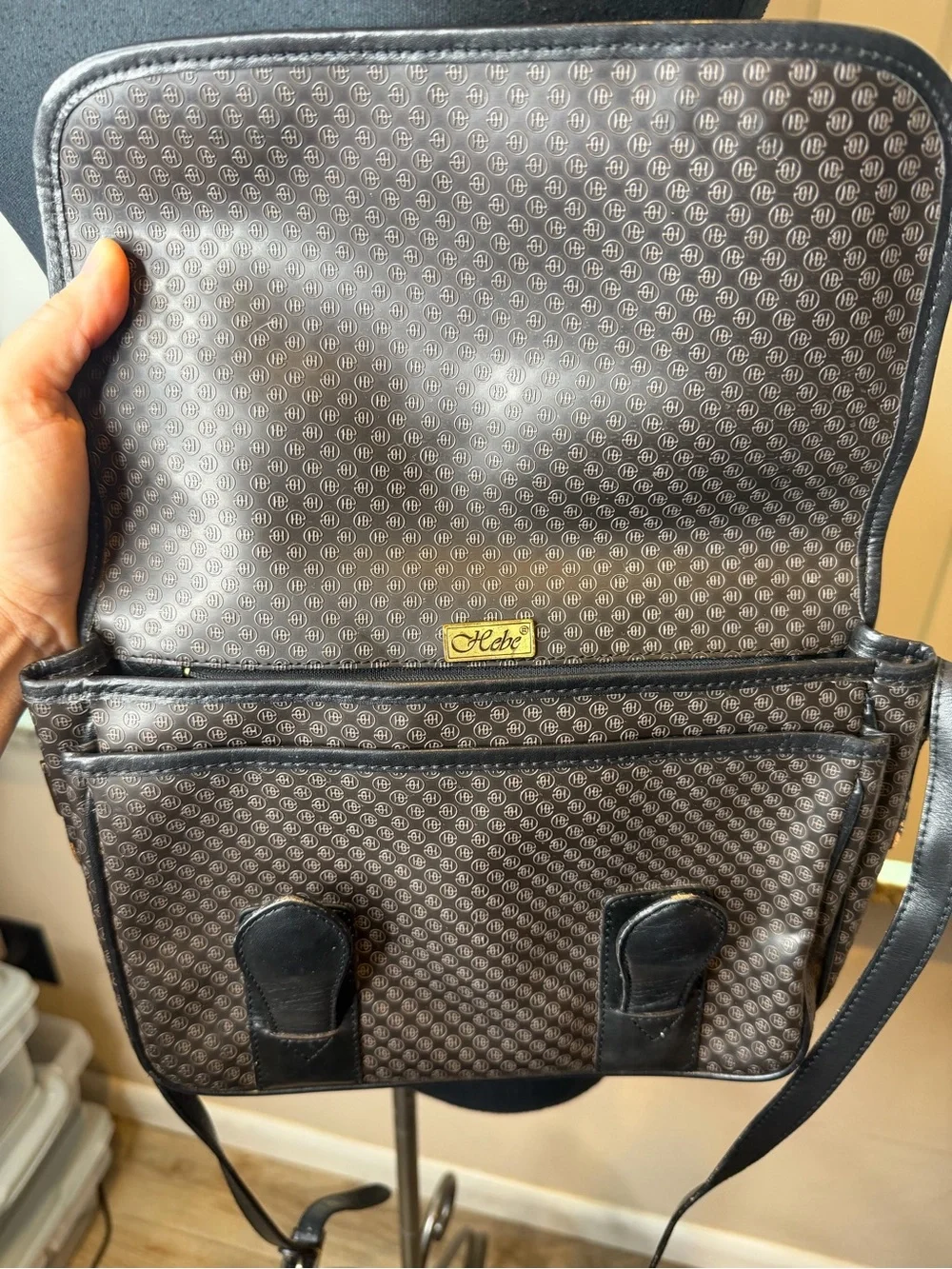 Vintage Hebe Leather Monogram Black Patterned Crossbody Messenger Bag